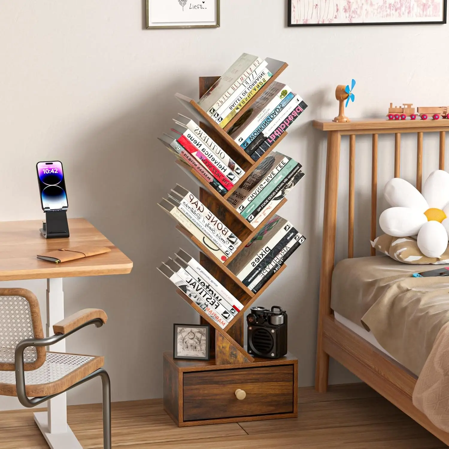 درج، خزانة كتب خشبية قائمة بذاتها للمساحة الضيقة، أرفف كتب منظمة للتخزين للكتب، حافظة كتب، ريفي