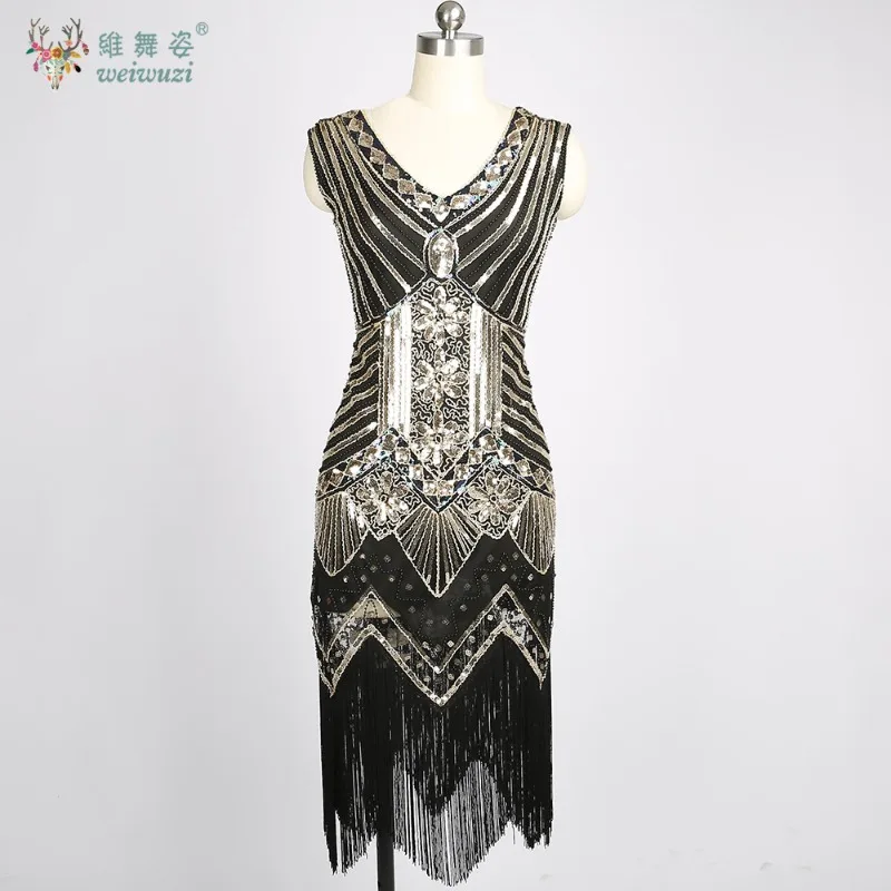 1920년대 여성 빈티지 드레스 V넥 민소매 비즈 스타일 고급스러운 연회 칵테일 파티 시퀸 태슬 이브닝 드레스
