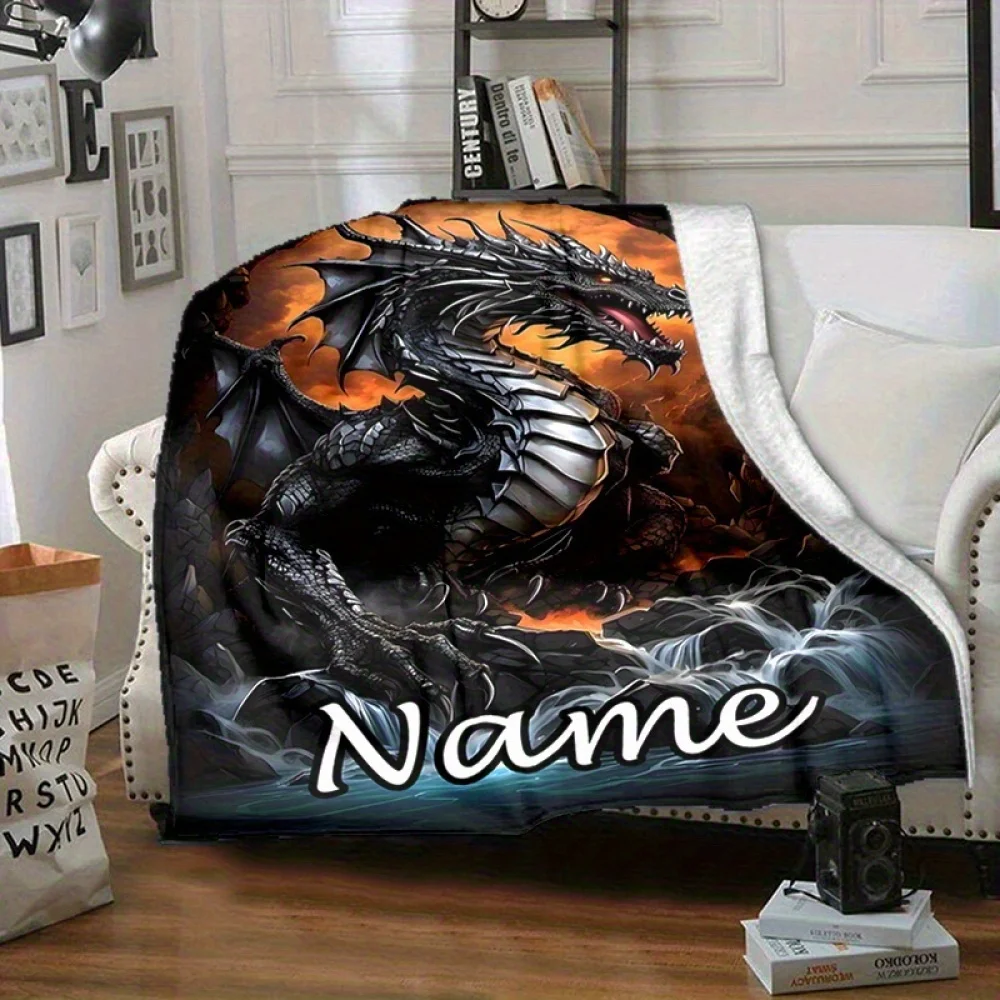 قطعة واحدة من بطانية فانيلا التنين الأسود ذات الاسم المخصص لجميع المواسم، خيار نصي شخصي، مثالي للأريكة وغرفة النوم وغرفة المعيشة