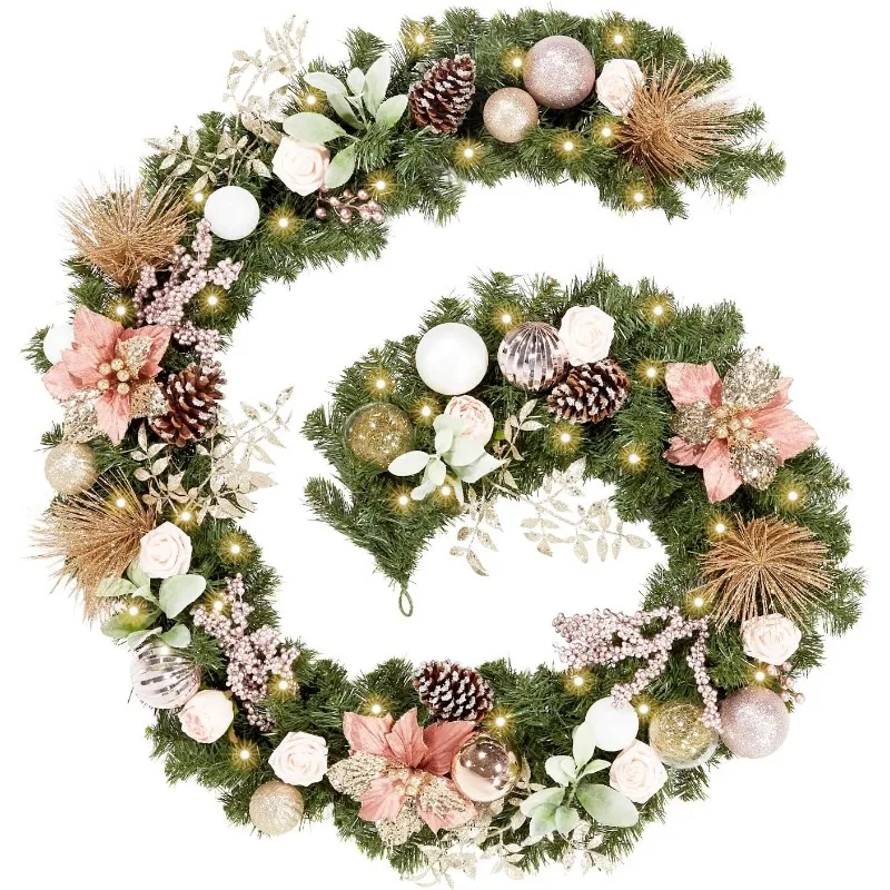 

Рождественская гирлянда из розового золота 9 футов с 50 светодиодными фонарями, на батарейках, для внутреннего и наружного декора