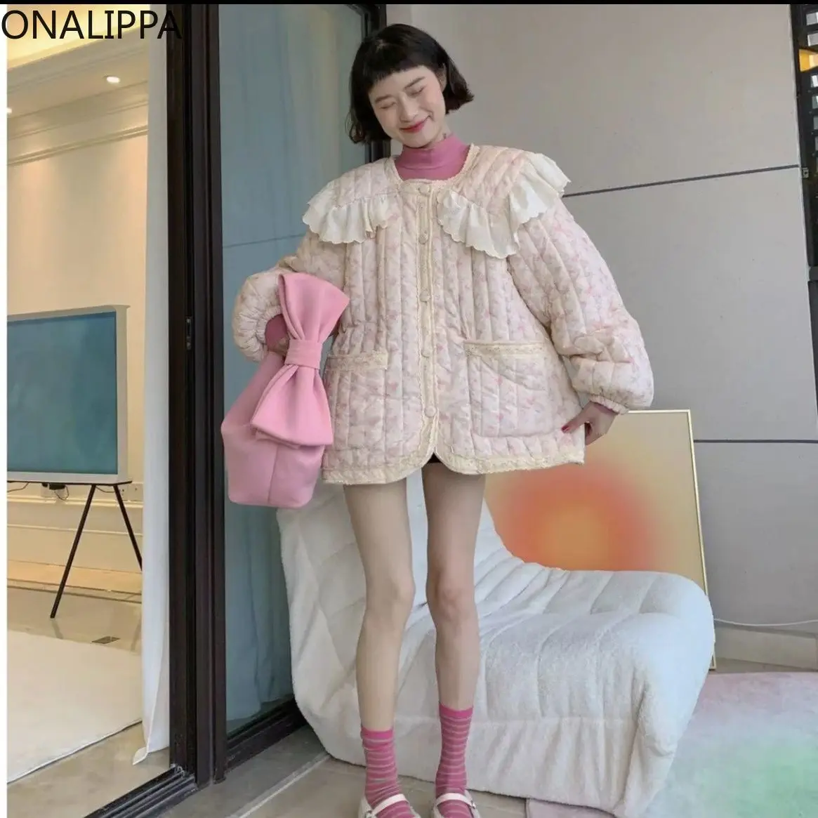 Onalippa Wood Ear Hem Floral Winter Coat Women Large Lapel Peter Pan Collar Pink Coats Korean Stripe Pleating Sweet Jackets