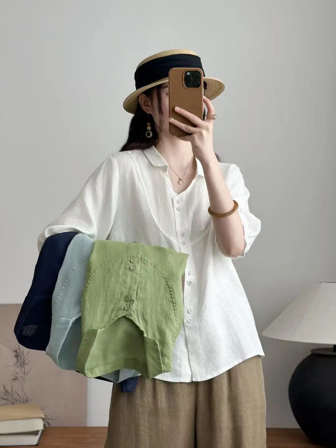 

Korean Style Simple Linen Color Five-Quarter Sleeve Shirt Women Summer Fashion Loose Versatile Collared Casual Top