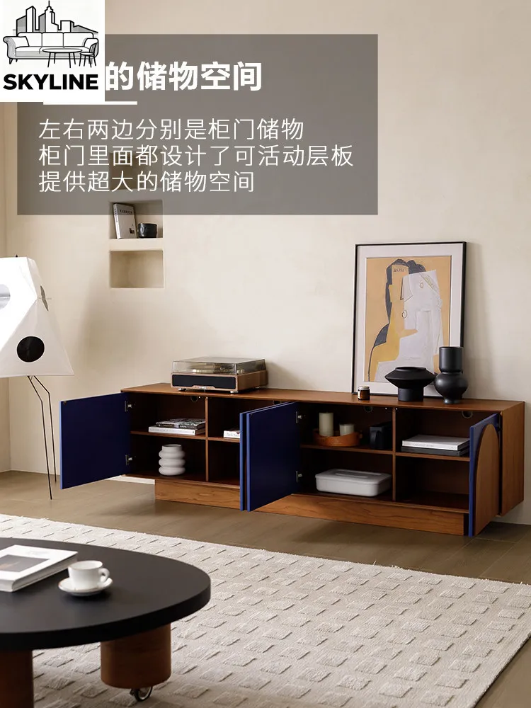 Matte Teak Timber Veneer Television Stand Vintage Solid Wood Tall Side Cabinet Streamlined Modern Storage Furniture