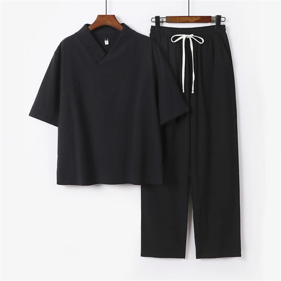 9XL Plus Size Suits Men Sets Summer Linen T-shirts Pants Fashion Casual Solid Color Suits Male Big Size 9XL