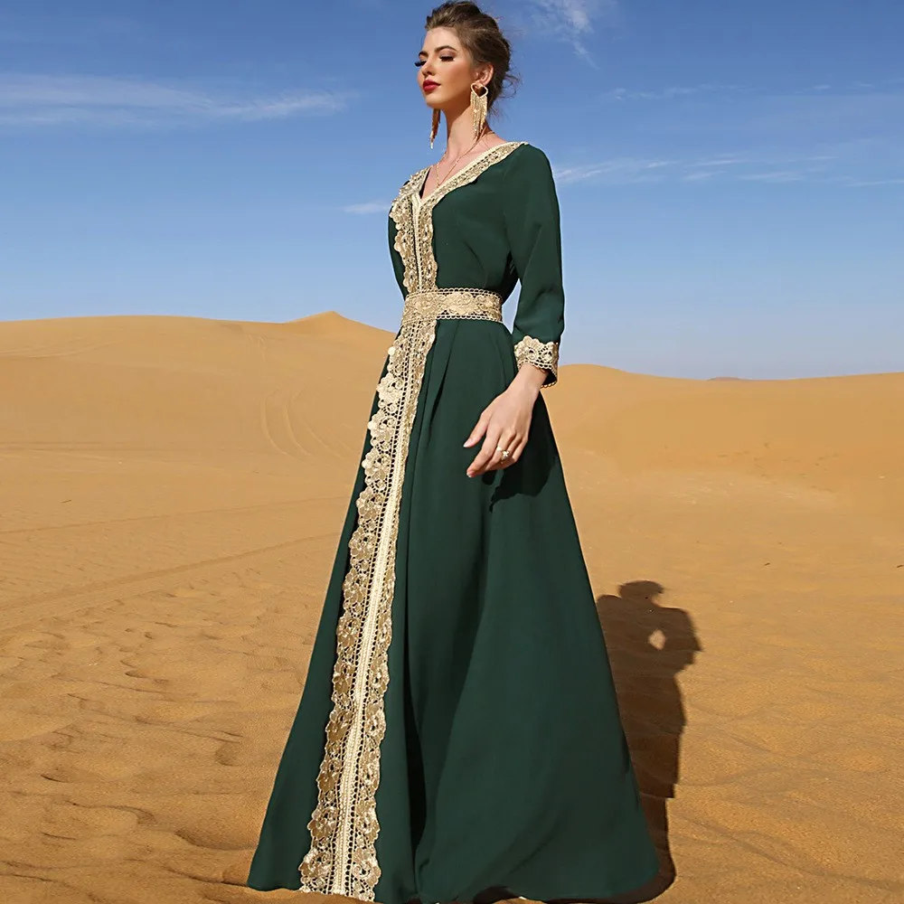 Women's Spring Summer Lace Embroidered V Neck Long Sleeve Loose Waist Pullover Solid Color Dress Luxury Kaftans Elegant Formal