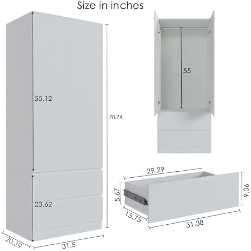 Armoire Wardrobe Closet with 2 Drawers & 2 Door, Armoires and Wardrobe with Hanging Rod, Wardrobe Cabinet for Bedroom, White (31