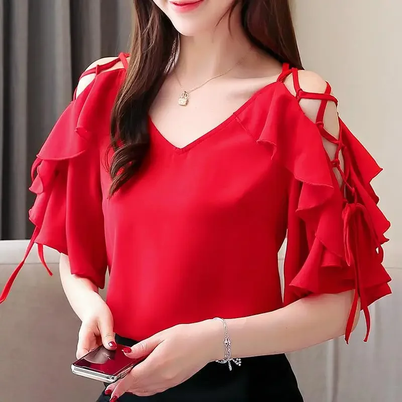 Hollow Out Lace Up V-Neck Ruffles Flare Sleeve Loose Chiffon Blouse Summer New Casual Tops Commute Women Clothing Shirt XT806 2
