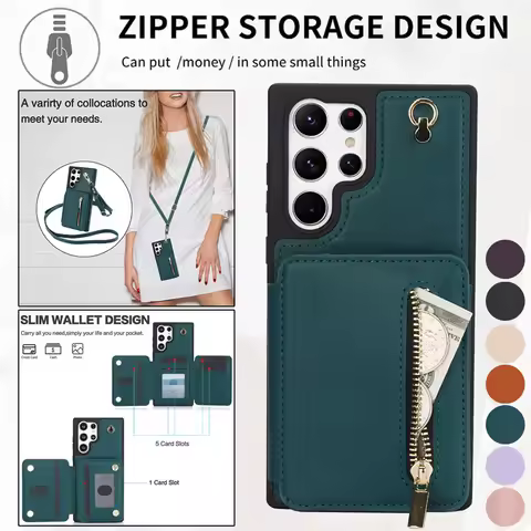 Zipper Cards Solt Wallet Leather Case for Samsung Galaxy S24 Ultra S23 Plus S22 S21 A15 A55 A14 A54 Pocket Magnetic Buckle Cover