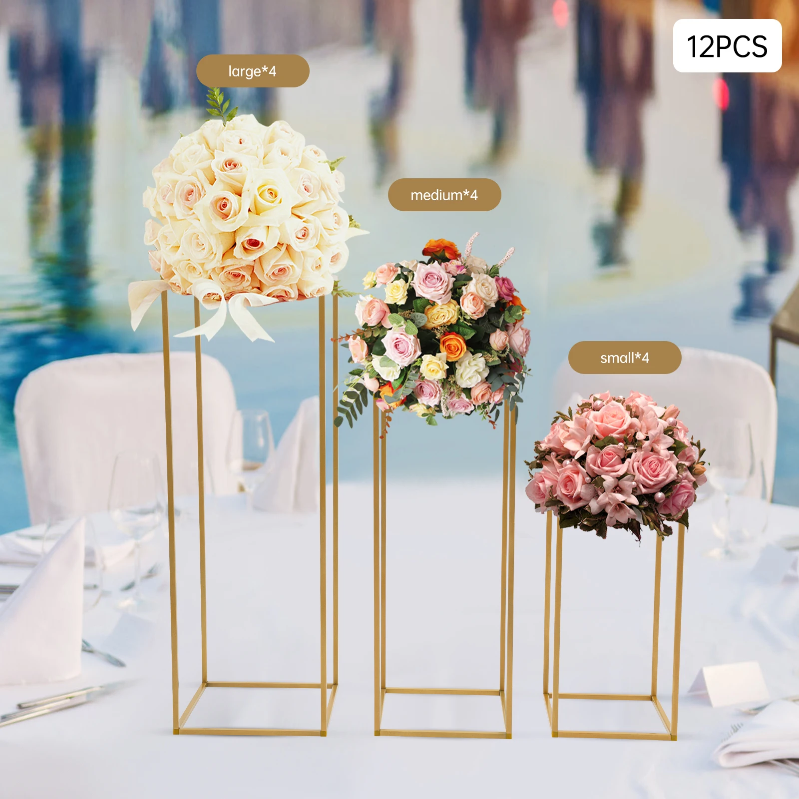 Premium 12Pcs Gold Metal Flower Stand Set 3 Sizes Wedding Party Backdrop Display Rack Heavy Duty Steel Frame Centerpiece for Balloon Garland Arch Birthday Bridal Shower Event Decoration