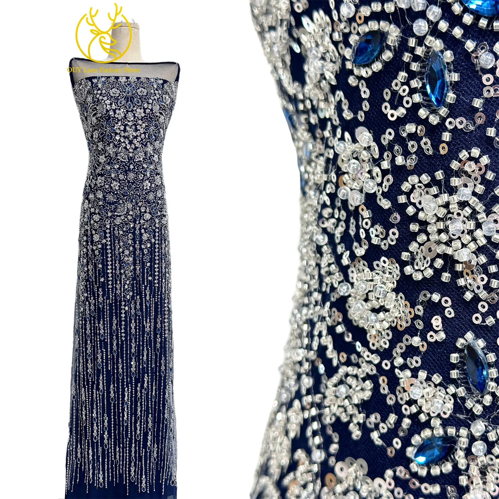 2026 Luxuriöser französischer Mesh-Spitzenstoff mit Perlen und Steinen, marineblau, afrikanischer nigerianischer Edelstein-Pailletten-Spitzenstoff zum Nähen von Hochzeitskleidern – Detail 5