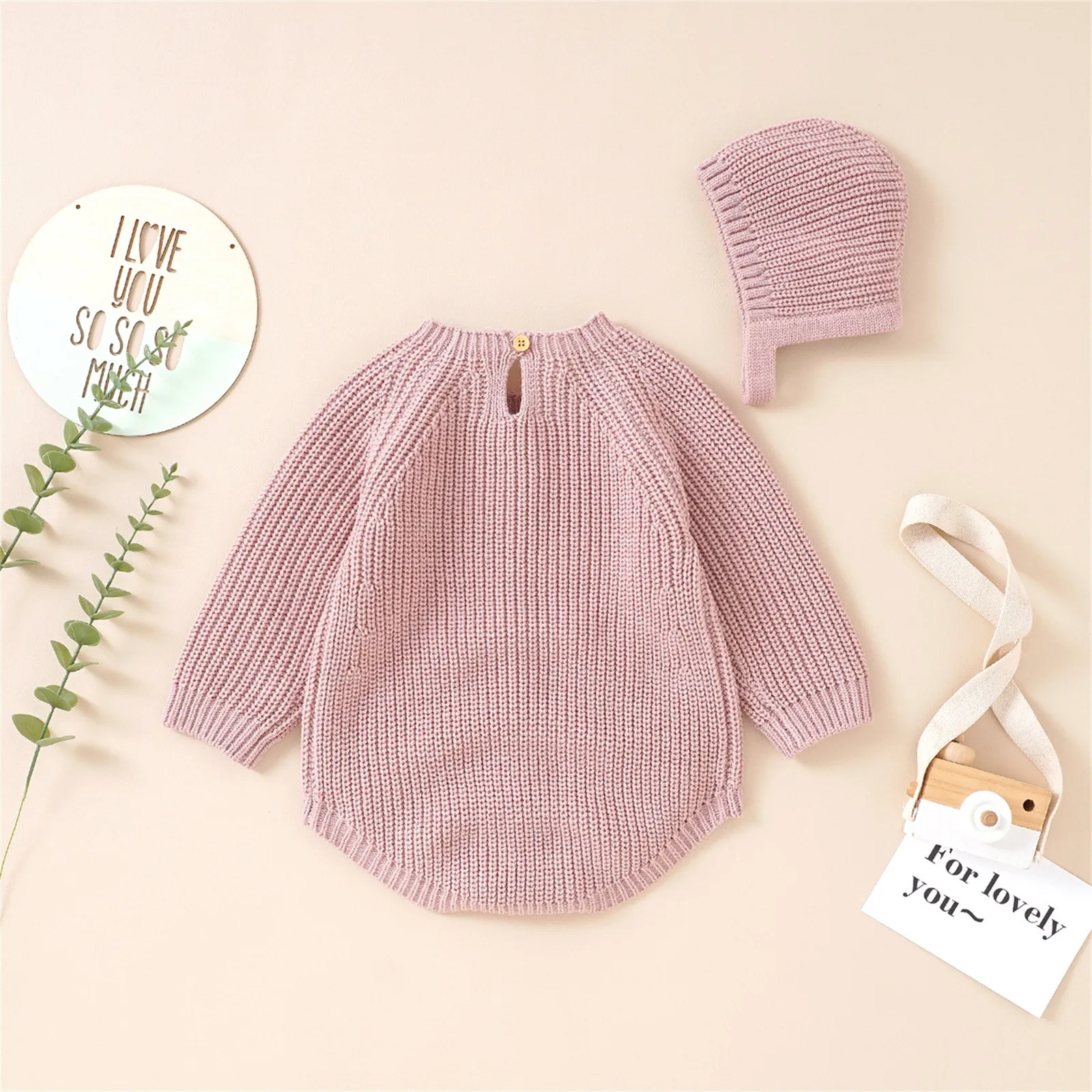 Skin-friendly Long Sleeve Baby Spring & Autumn Rompers & Knit Hat Two-pieces Clothing Sets For 6-24M Newborn Infant Outfits Set