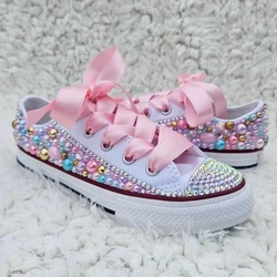 Kids Low Top Canvas Shoes DIY Customized Shoes Doll Beauty Pink Girl Party Sparkle Princess Rose Red Bling Pearls Sneakers