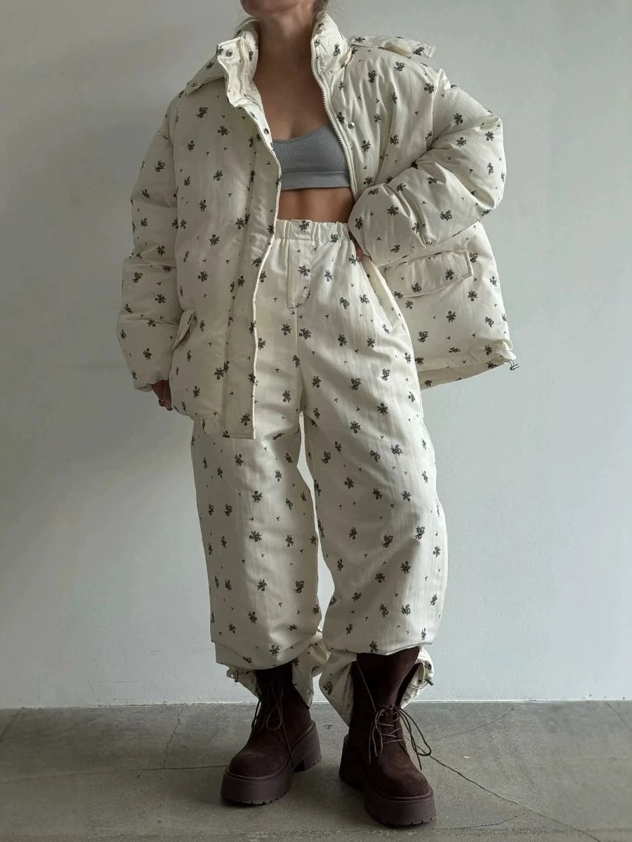 Bornladies 2026 Winter New Warm and Fashionable Drawstring Design Medium To Long Floral Bread Cotton Jacket Pants