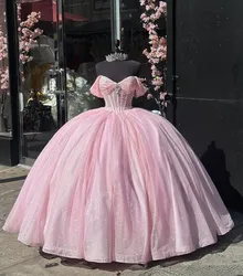 Pink Sparkly Princess Quinceanera Dresses Off Shoulder Boning Crystal Gillter customsized vestidos de fiesta de 15 quinceañera