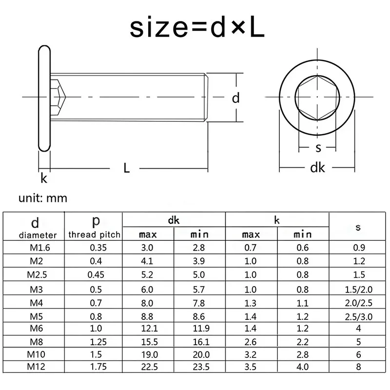 Boulon à vis à tête plate ultra-mince, douille hexagonale, acier inoxydable 304, M2, M2.5, M3 figuré, M5, M6, M8, M10, M12, taille du 2,2 3mm-120mm, 1 à 50 pièces