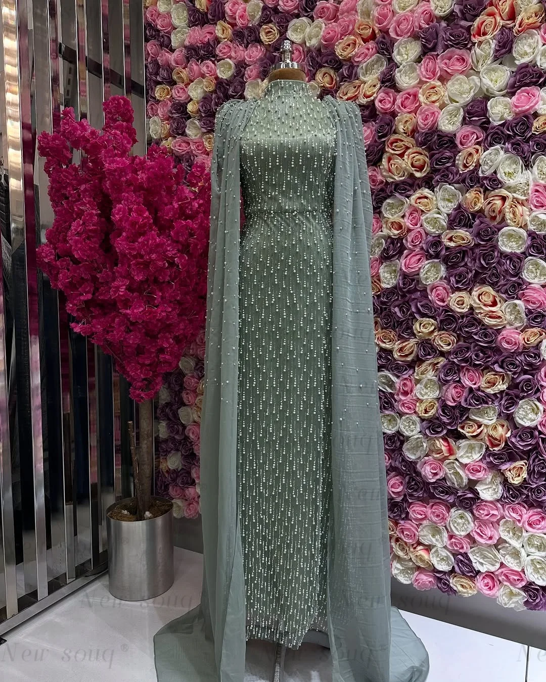 

Sage Green Pearls Beaded High Neck Muslim Evening Dresses Long Cape Arabic Formal Women's Wedding Party Gowns Customized Abiye