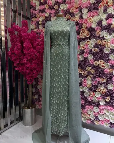 Salviagröna pärlpärlor med hög halsringning, muslimsk aftonklänning, lång kappa, arabisk formell, bröllopsklänning för kvinnor, anpassningsbar, Abiye 8 best sales Muslimsk förlovningsklänning - №7