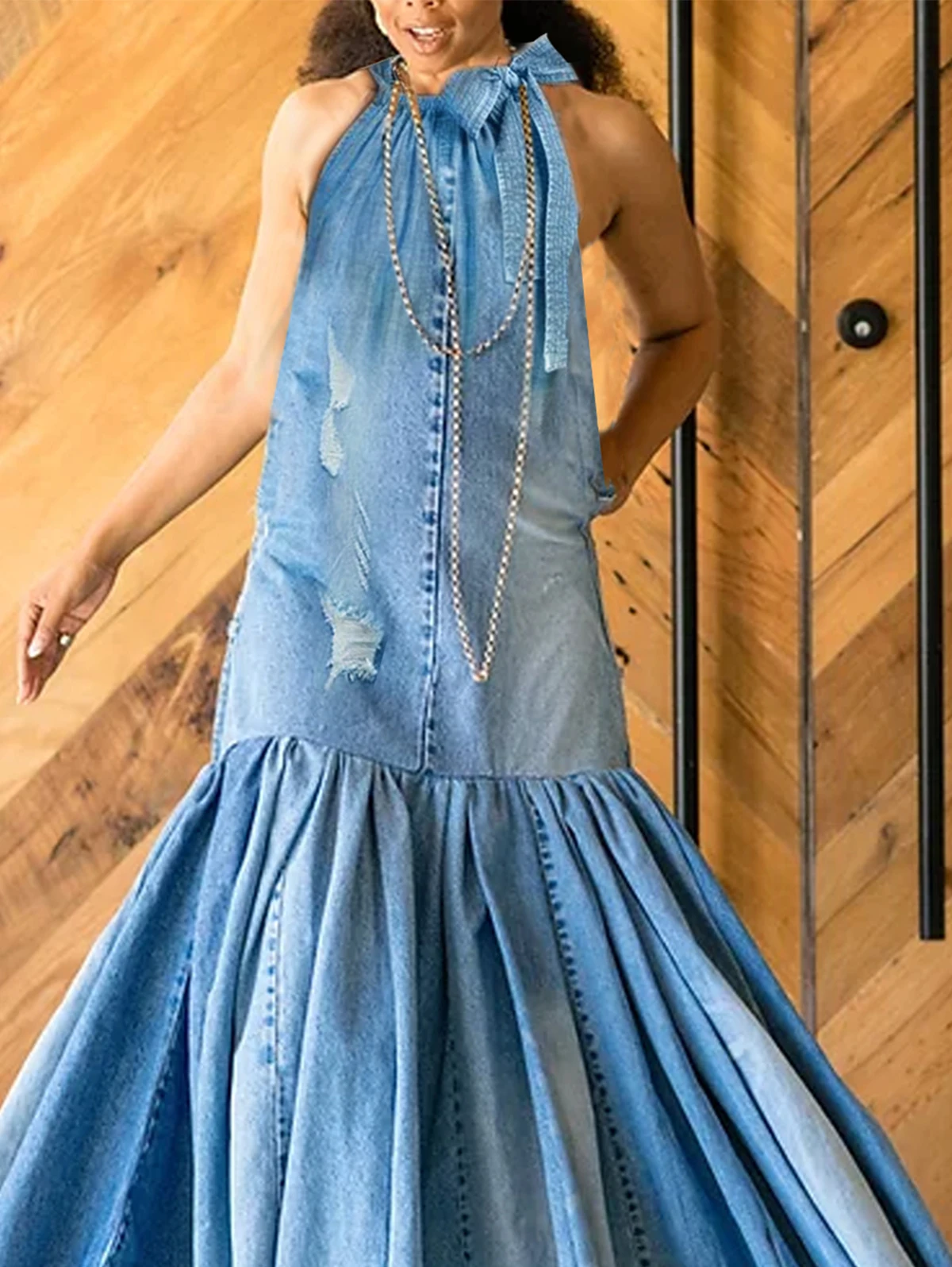 PLUS SIZE Fashion Denim Long Dress Sexy Women Bow Halter Swing Sundress Holiday Sleeveless Robe Casual Loose Mermaid Maxi Dress