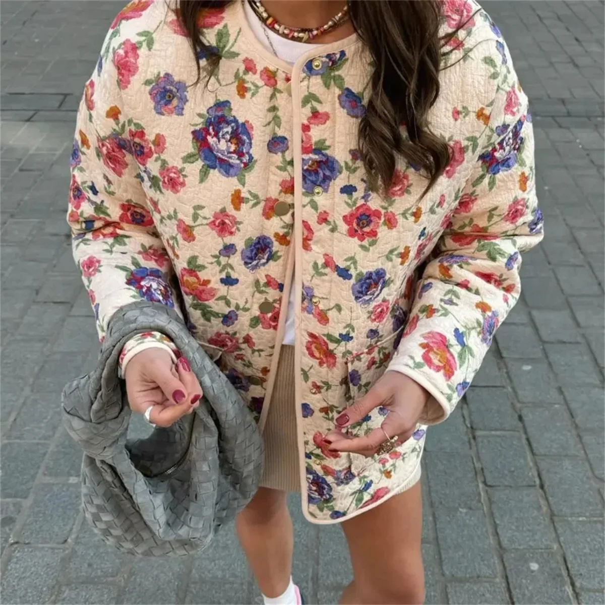 Women Fashion Floral Printed Jacket Autumn Winter Single Breasted Coat O Neck Long Sleeve Loose Jackets Lady High Street Outwear