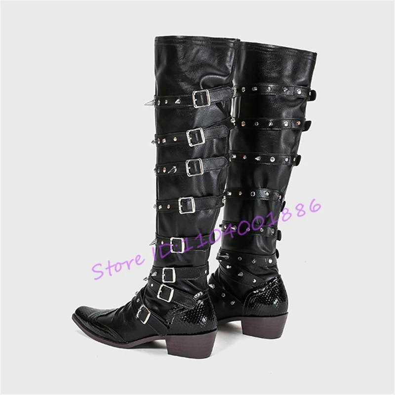 Punk Gothic Rivets Belt Buckle Long Boots for Women Square Toe Med Heels Slip-On Knight Boots Black Leather Over The Knee Boots