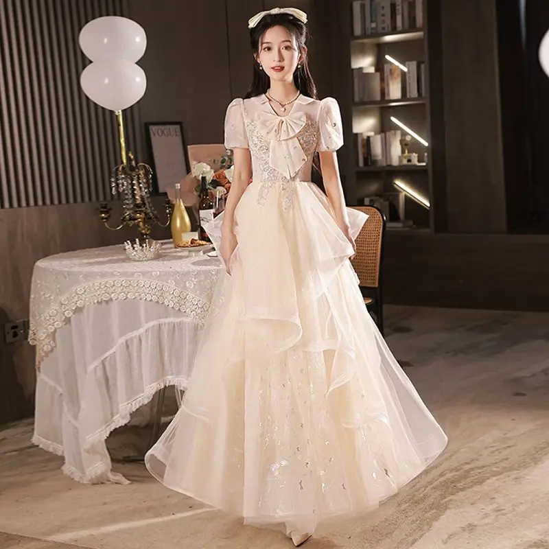 

Bow Decor Champagne Evening Dress Women's New Birthday Banquet Elegance Princess Dresses Short Sleeve AdultGift Graduation Dress