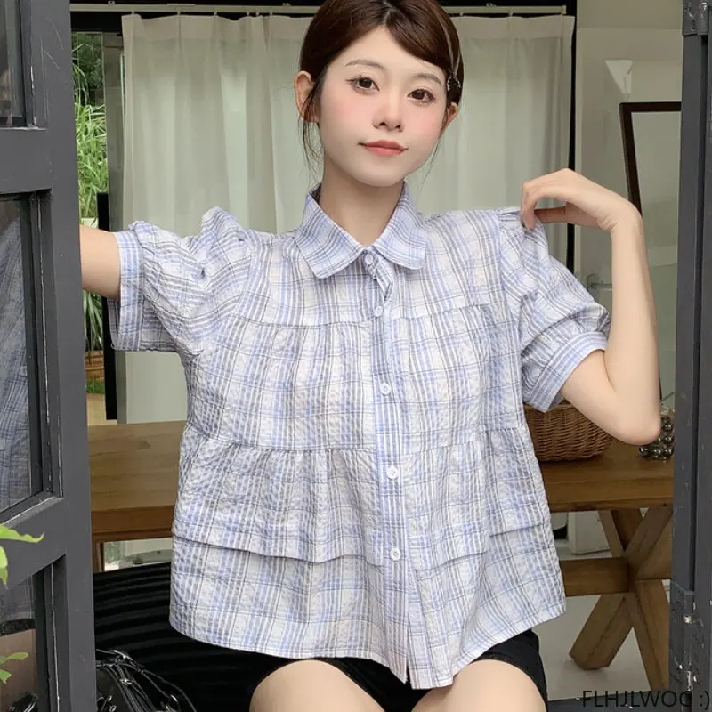 Cute Chic Peter Pan Collar Tops Women Summer Korea Japan Preppy Style Girls Baby Shirt Design Short Plaid Blouses Vintage