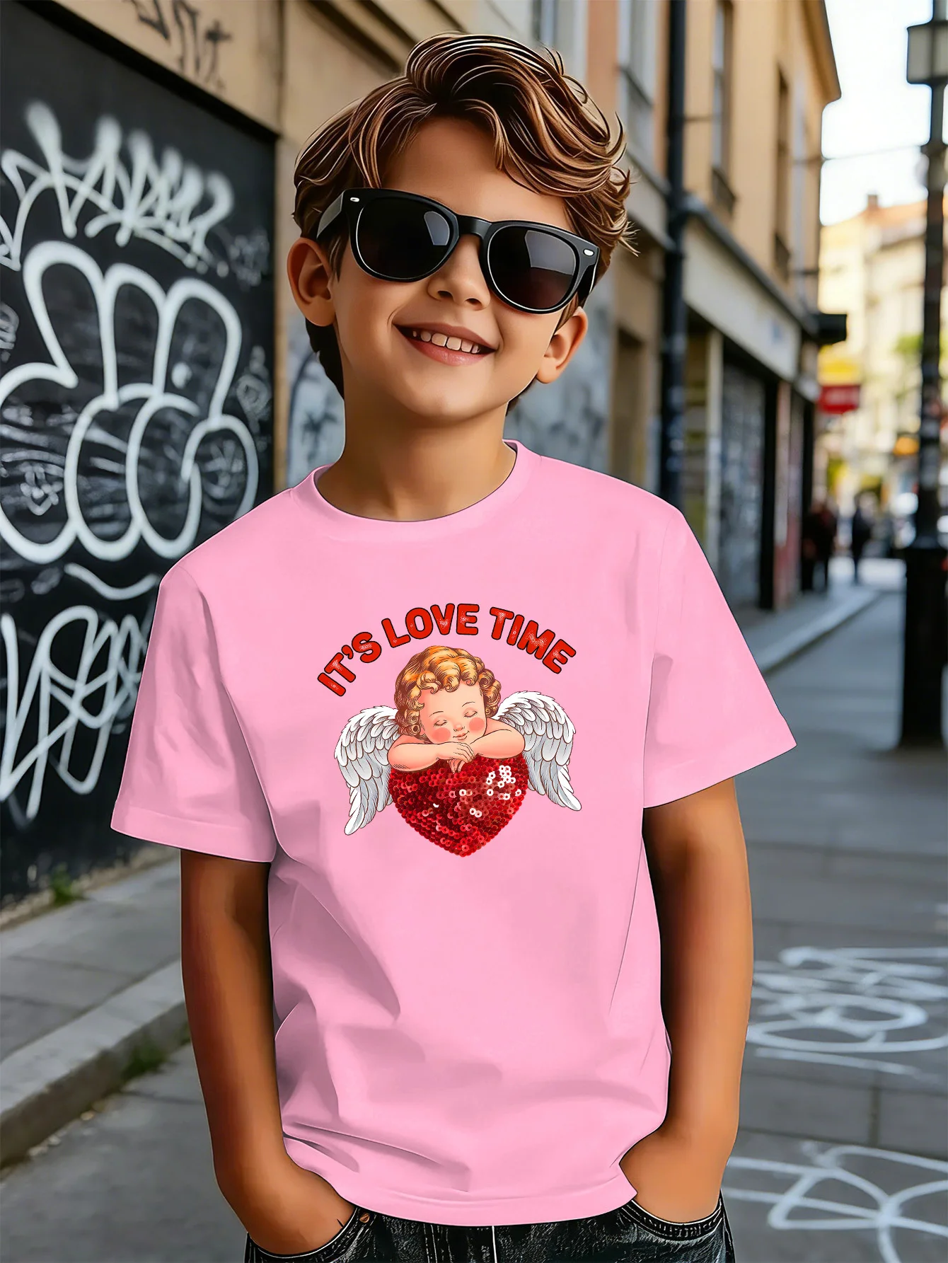 Sweet Cupid Love Time Heart Print Kids Tee Boys Girls Cotton Summer Soft Breathable Casual Unisex Children Short Sleeve Tops