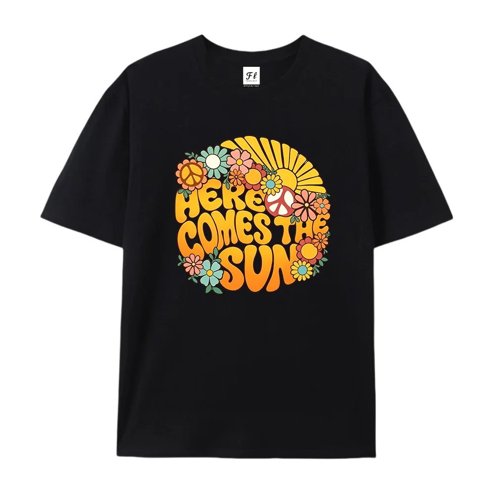 Women Retro Groovy Sunshine Floral Graphic Print Short Sleeve T Shirt Crew Neck Casual Summer Top Hippie Streetwear Clothing