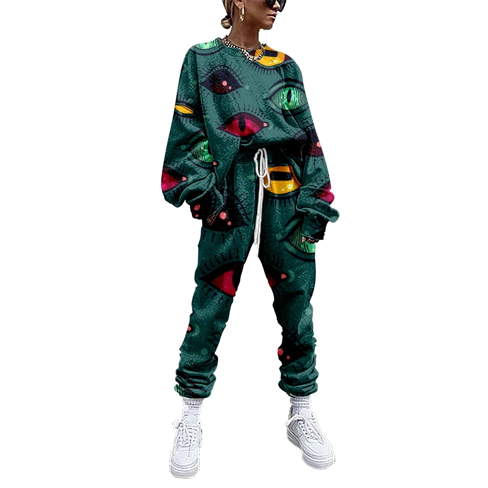 

Women Fashion Eyes Printing Tracksuit 2 Piece Outfit Sweatshirt+Straight Sweatpants Matching Set Fitness Sporty Streetwear