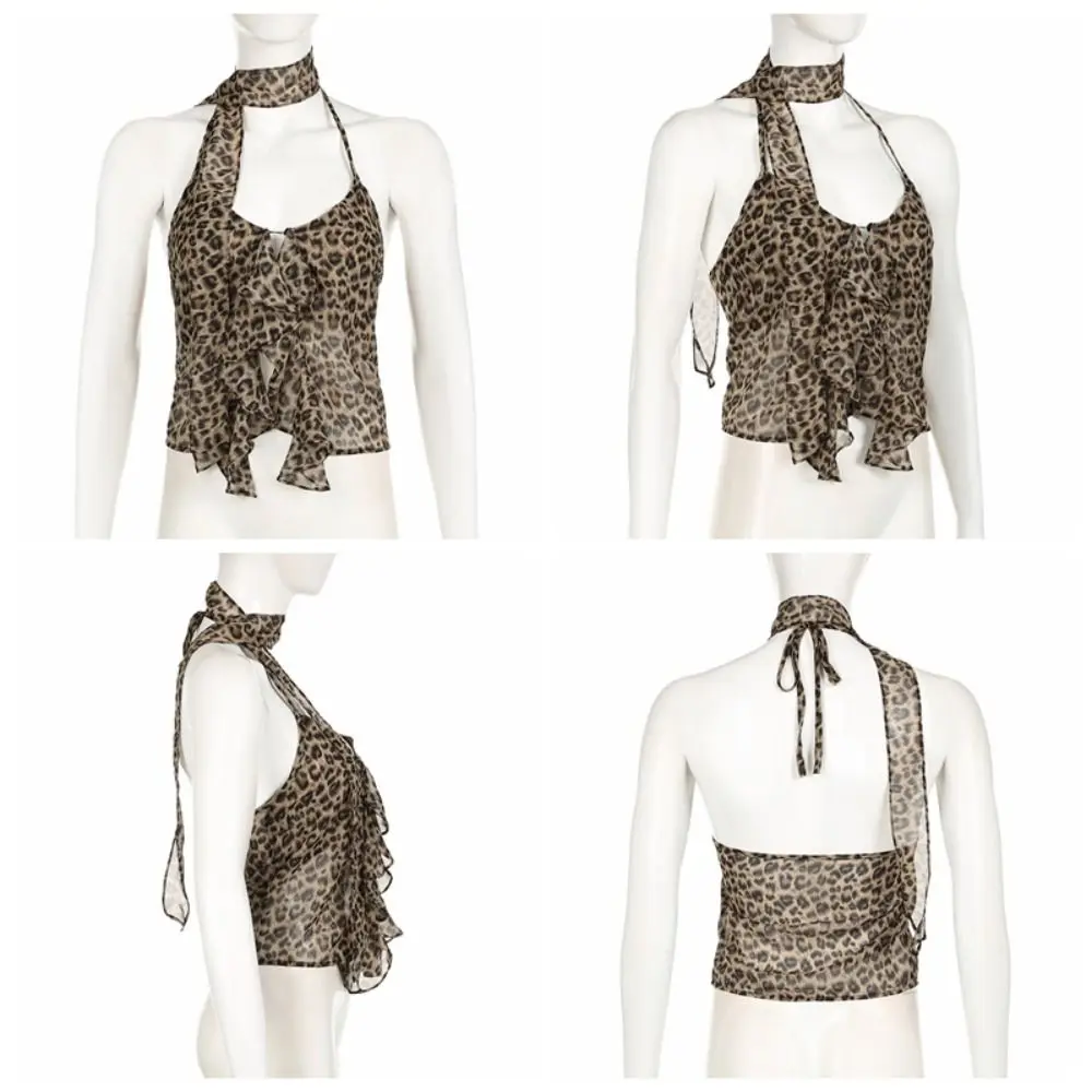 

Korean Style Ruffled Edge Leopard Halter Camisole Lace-up Thin Y2k Crop Tops Women Slim Fit Irregular Sleeveless Camisole Summer