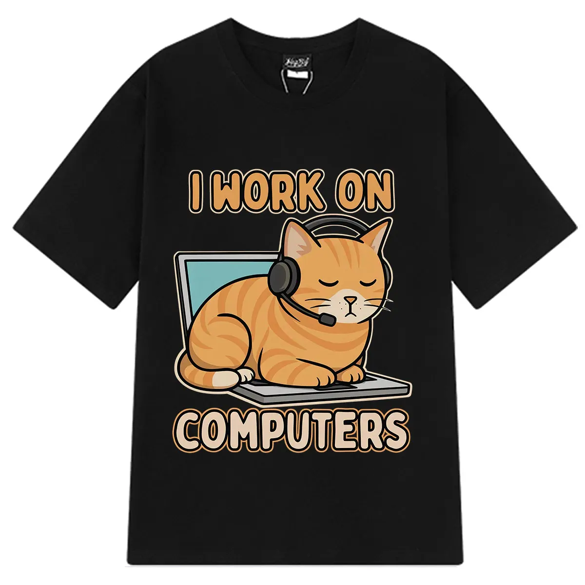 I Work Computer Funny Cat Meme T-shirt Men Women Hip-hop Punk T-shirts Short-sleeved Cotton Loose Casual Fashion T-shirt