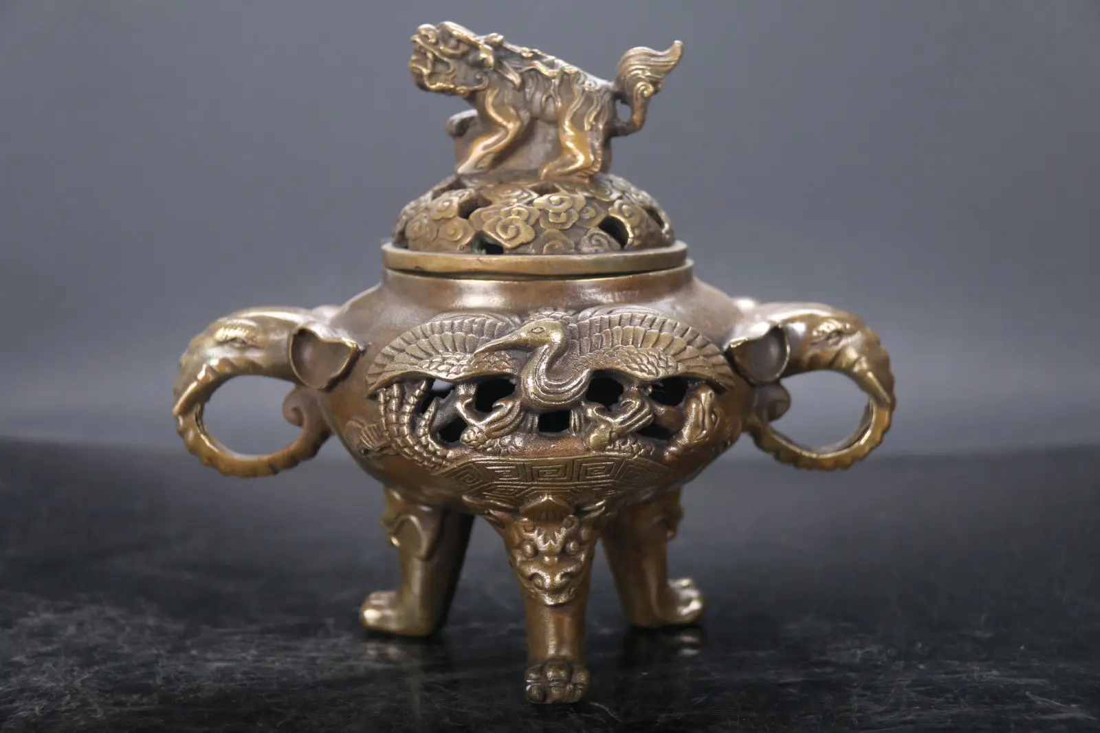 

China old superb handwork copper Carve Crane Elephant Incense Burner lion lid