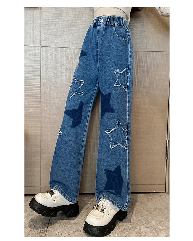 Stylische Streetwear-Jeans für Kinder mit geradem Schnitt und Sternen, modische Kleidung, Hip-Hop-Retro-Jeanshosen für Mädchen, luxuriöse Kinderhosen – Detail 6