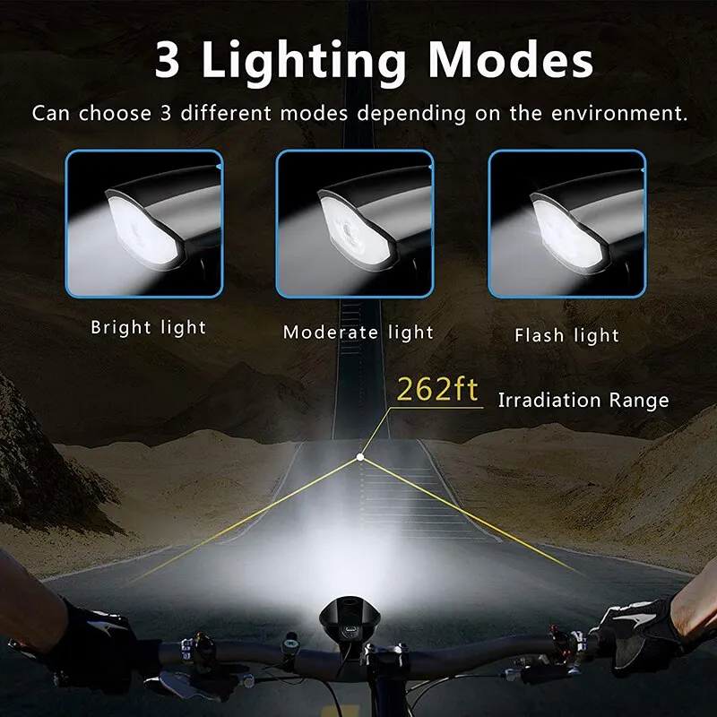 Black Bicycle Light USB Led Waterproof With Horn Mountain Bike Dark Night Outdoor Riding Headlight