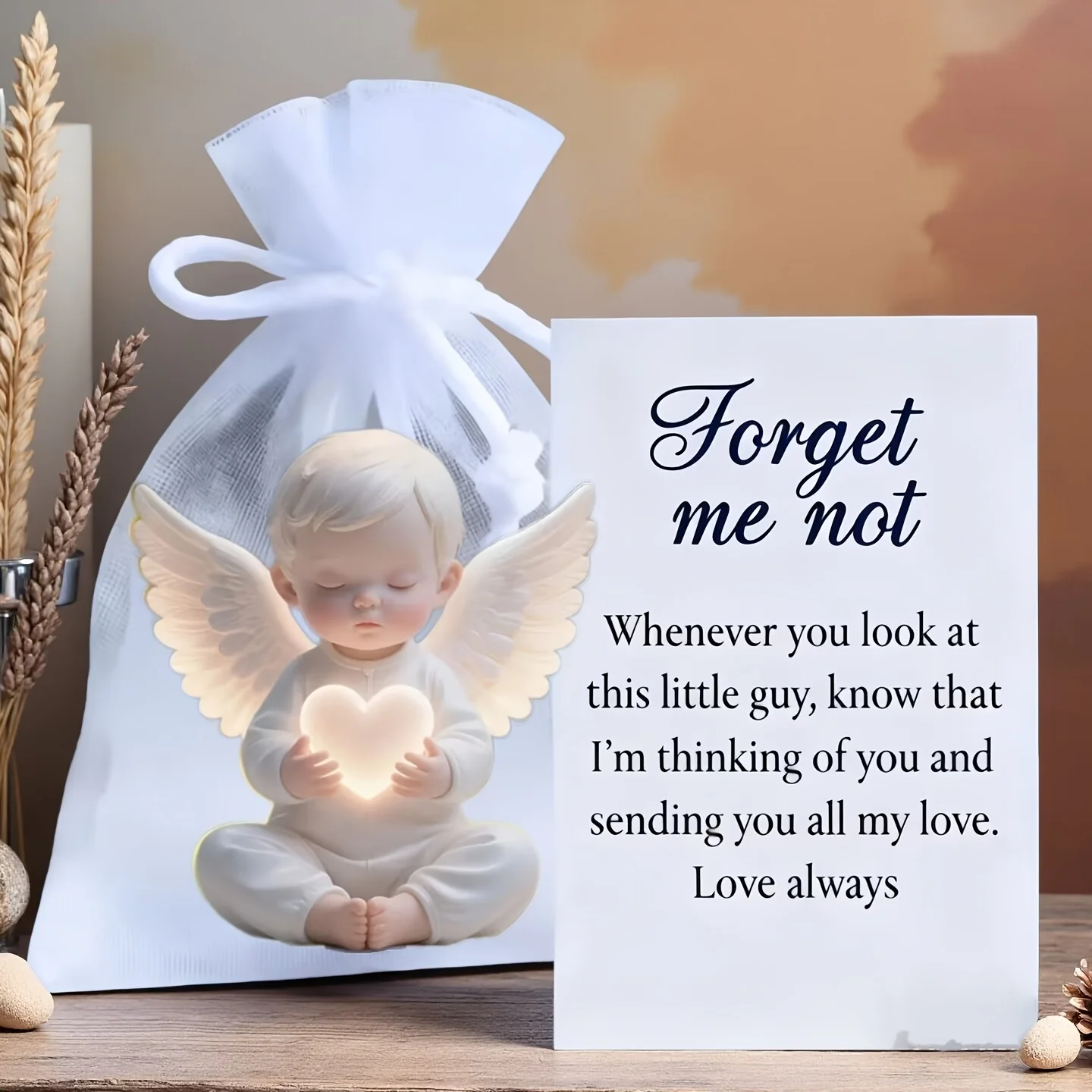Heart-Shaped Angel Pocket Hug Statue Ornament Cute 2D Little Angel Statue with Emotional Encouragement Card and Oshagane Pocket Hug Token Commemorative Angel Suitable for Home Decoration, Room Decoration, and as a Memorial Gift for Family and Friends, Prayer Gift