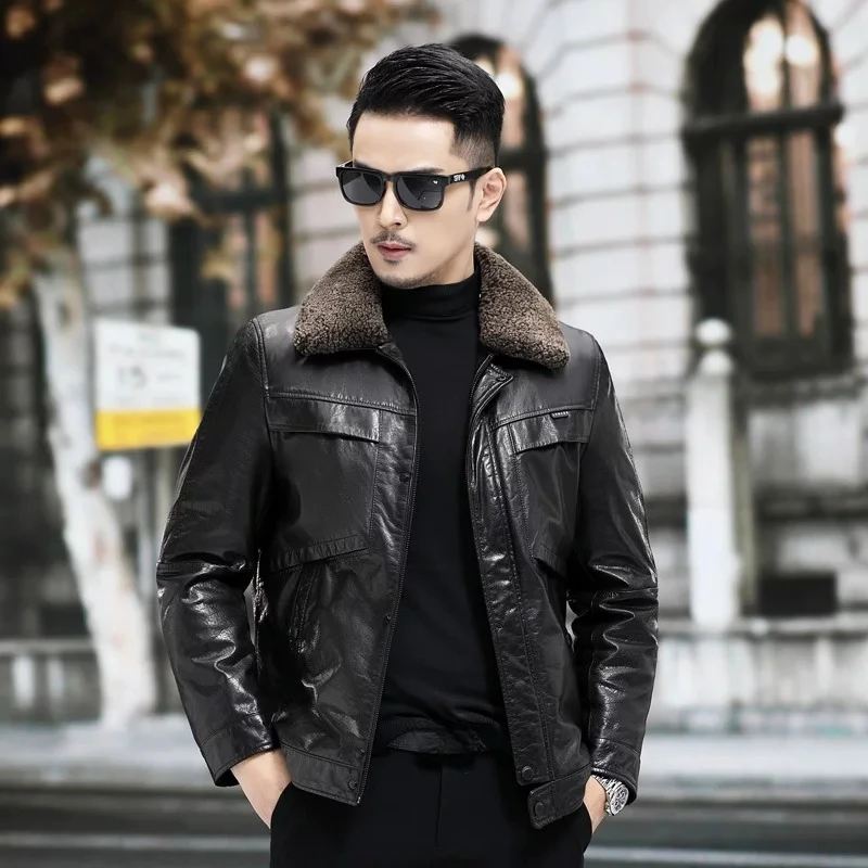 AYUNSUE 100% Genuine Leather Down Jacket Men Top Layer Cowhide Real Leather Coat Lamb Fur Collar Detachable Down Liner Winter