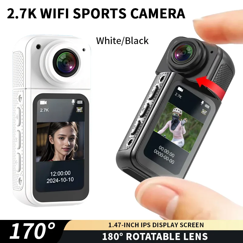 2.7K WIFI Sports Camera 1.47 Inch IPS Screen 180° Rotatable Lens 170° Wide Angle Long Battery Life Continuous Charging Recorder