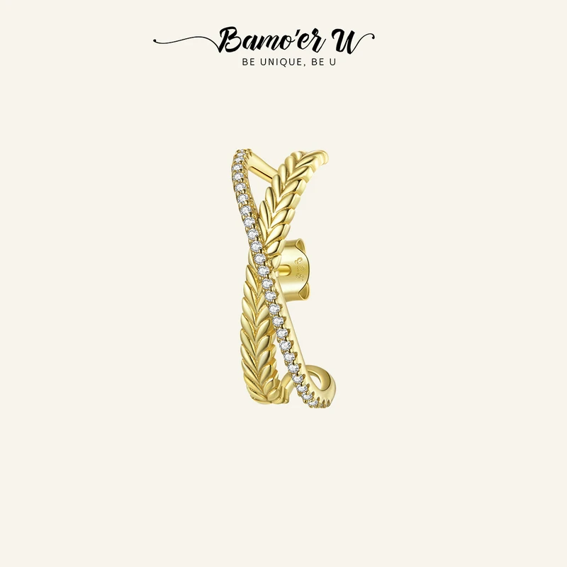 BAMOER U 1 Piece 925 Sterling Silver Olive Leaf Clip Earring, Plated In Gold Fashion Zircon Leaf Ear Clips Jewelry