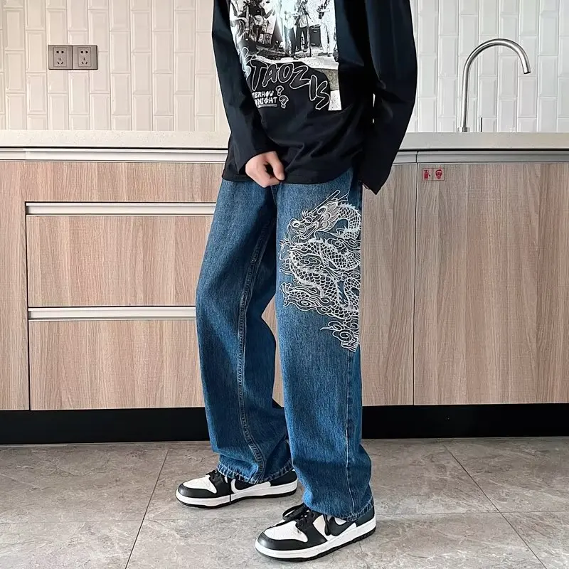 2022 New Fashion Dragon Embroidery Baggy Men Straight Jeans Pants Y2K Clothes Hip Hop Loose Wide Leg Denim Trousers Ropa Hombre