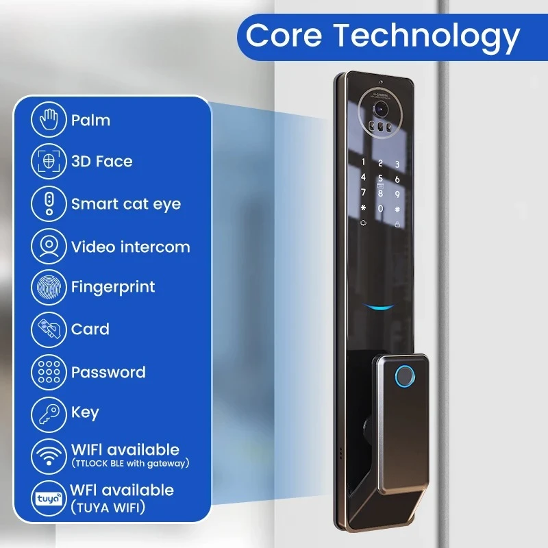 3D Face Recognition Digital Keypad Fingerprint Biometric Automatic Exterior Smart Door Lock With Camera