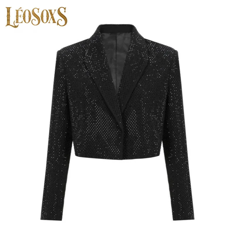 

LEOSOXS модные женские формальные куртки с бриллиантами, короткие тонкие черные пиджаки с лацканами, пальто, верхняя одежда высокого качества, осень