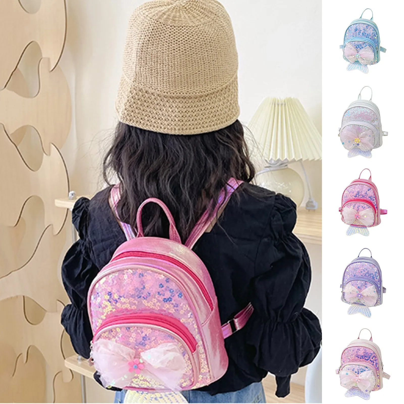 

Sparkle Sequins Girls' Backpack Mermaid Shaped Bag With Bow Perfect For Daily Use Cute Cartoon Backpack Bag For Kids Girls