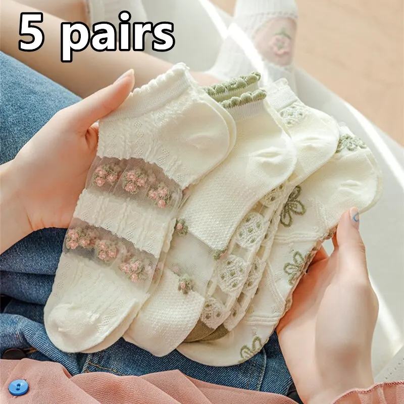 5 Pairs Sheer Socks for Women Glass Silk Lovely Lolita Cotton Socks Cool and Breathable Floral Jacquard Vintage Palace Style