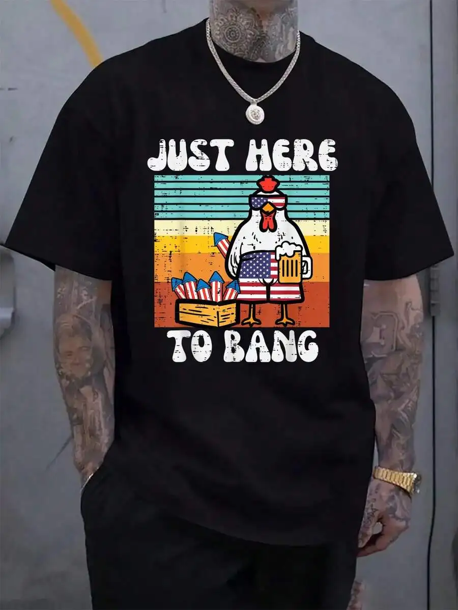 100% Cotton 4th Of July Chicken Fireworks Here To Bang Retro America Men T-Shirt Women's Men's