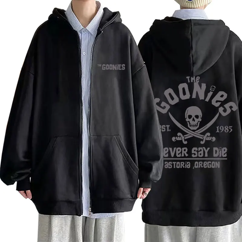 

Classic Vintage Movie The Goonies Never Say Die Zip Up Hoodie Funny Skeleton Print Zip Up Jacket Men Oversized Zipper Sweatshirt