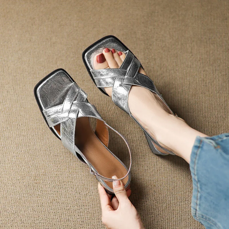 

Сандалии Phoentin с перекрестными ремешками и открытой пяткой, лето 2021, серебряные женские туфли с квадратным открытым носком, на низком каблуке, большие размеры FT4157