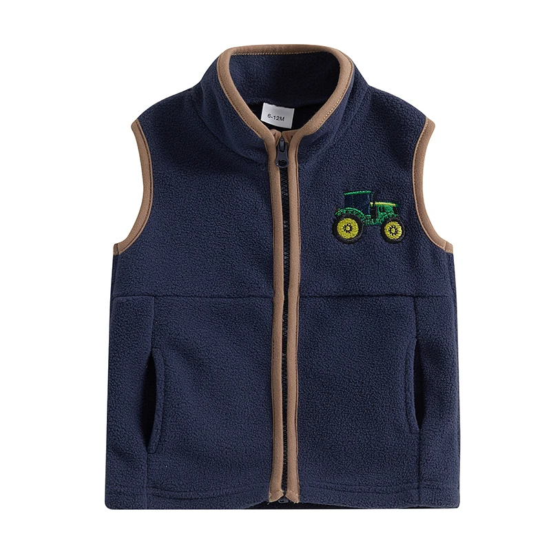 Boys Autumn Casual Vest Coat Sleeveless Stand Collar Zip Up Tractor Embroidery Fleece Vest Jacket