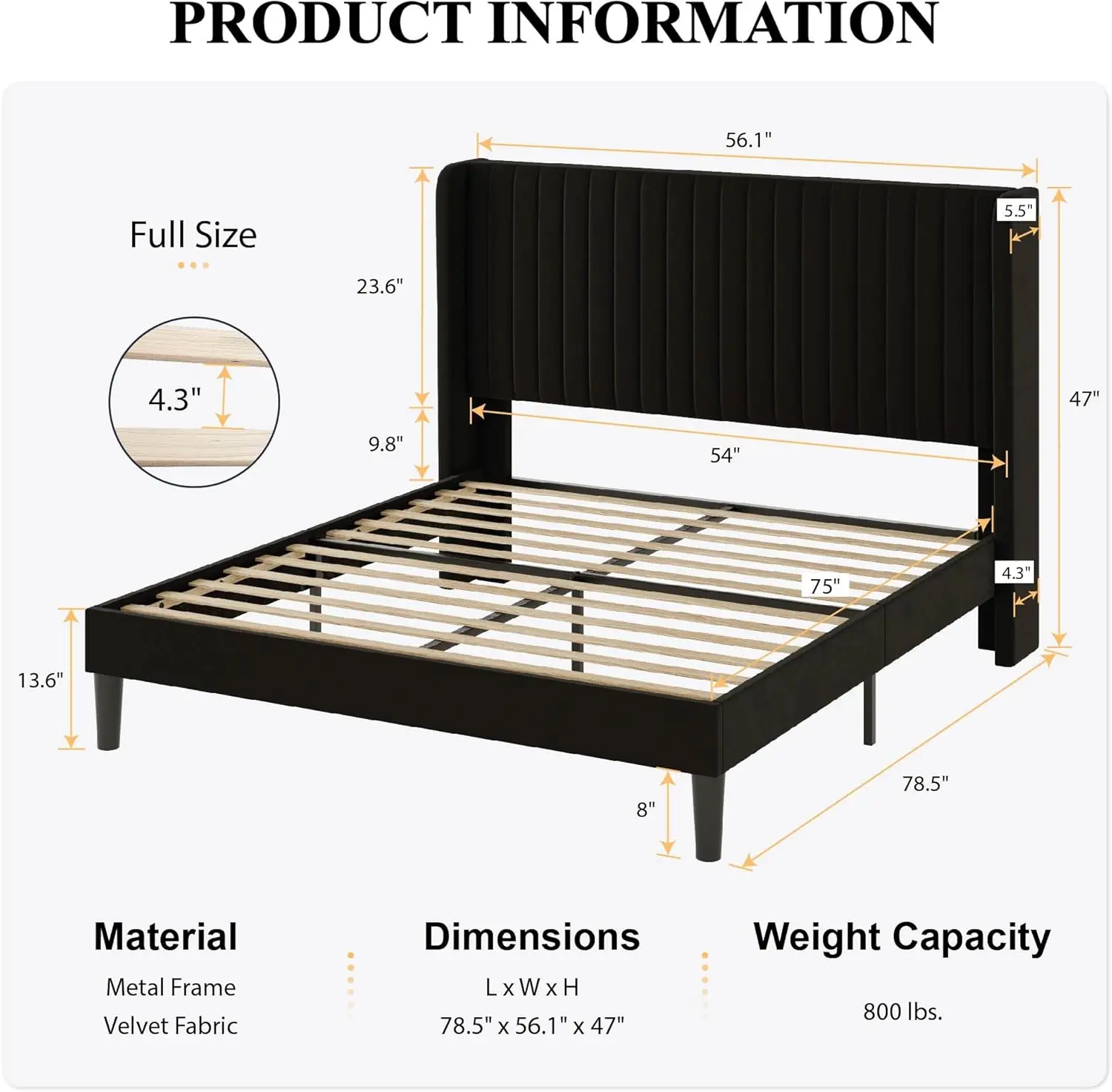 Full Size Velvet Bed Frame with Vertical Channel Tufted Wingback Headboard, Upholstered Platform Bed with Wood Slats, No Box Spr