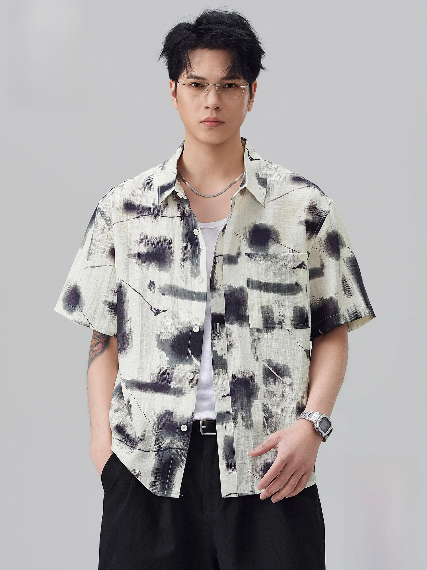 

PaulFrank Linen ort Sve irt Men's Summer Tie Dye Print Casual Loose Breathable irt Comfortable Youth Faion Daily Wear