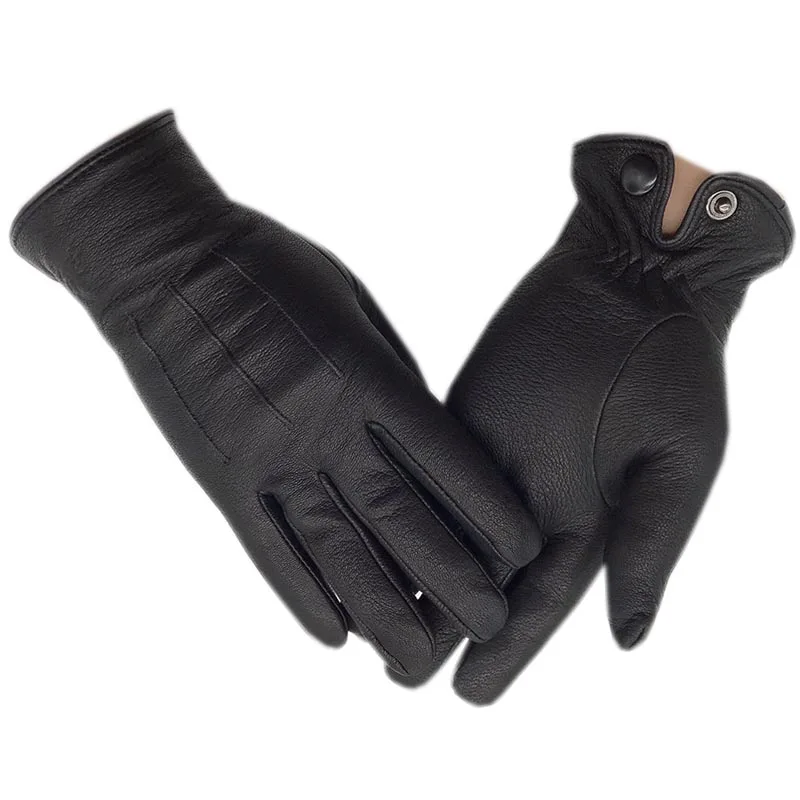 Winter Men\'s Deerskin Gloves Wrist Fashion New Leather Deerskin Gloves Wool Lining Machine Stitching Warm Driving Small Size Rid